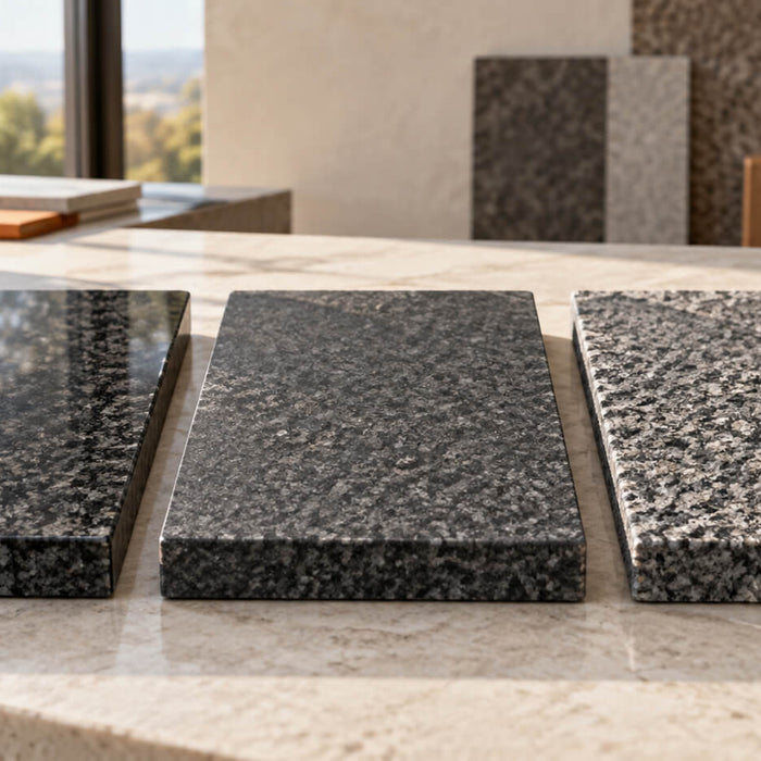 Polished, honed and flamed gray granite samples displayed side by side on a stone table in natural light.
