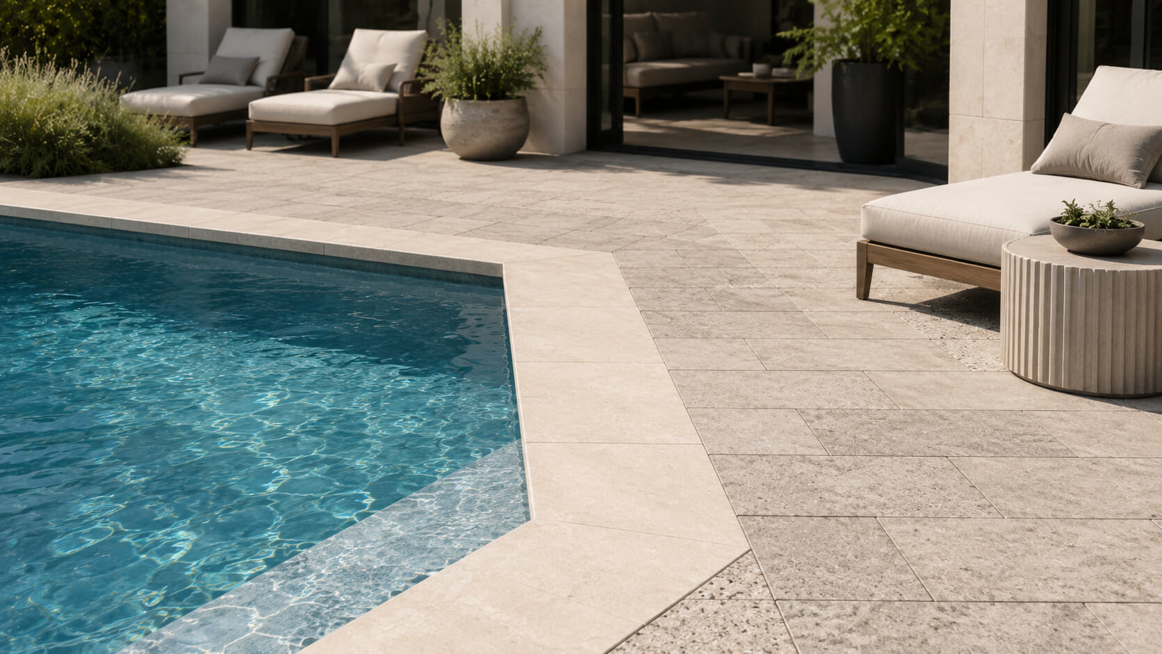 Luxury poolside design showing a smooth color transition between light pool coping and coordinated deck pavers.