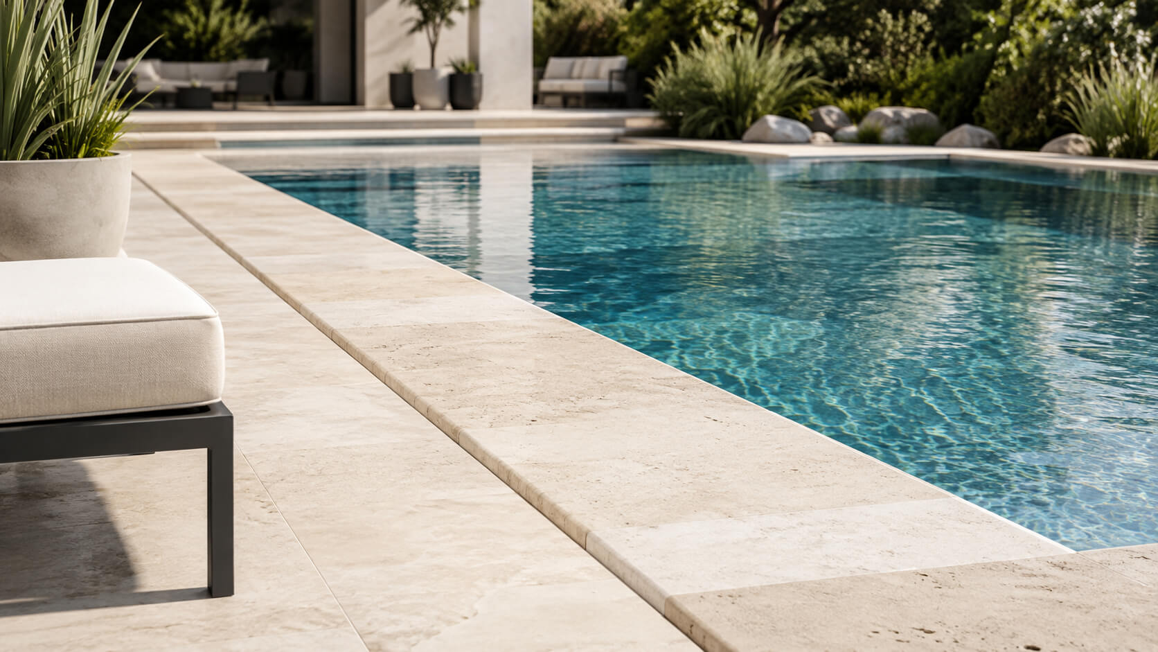 Light travertine pool coping installed around a modern backyard swimming pool