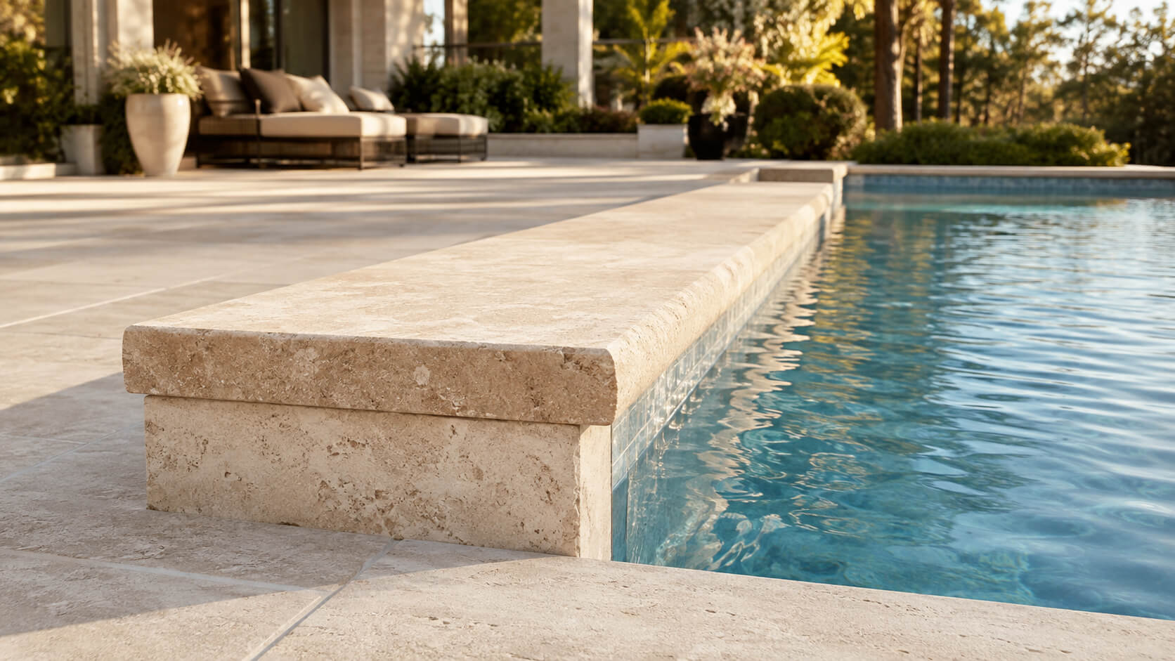 Natural stone pool coping with a thick rounded edge surrounding a luxury residential swimming pool