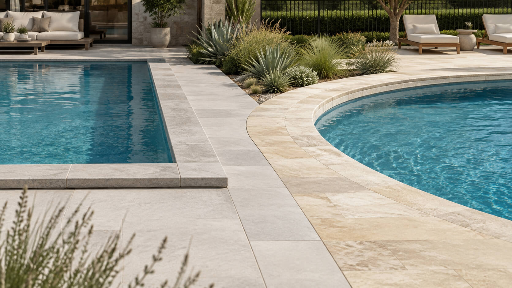 Rectangular and curved swimming pools showing how pool shape affects natural stone coping design and layout.
