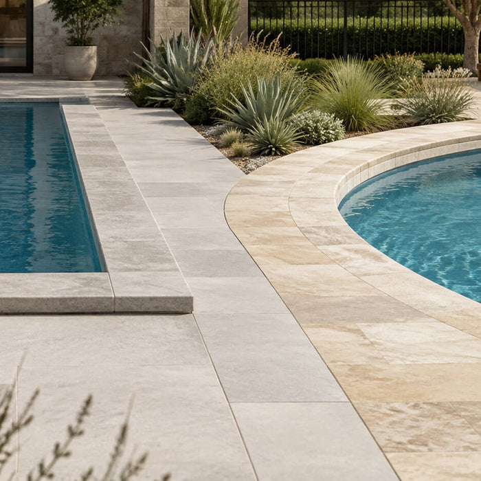 Rectangular and curved swimming pools showing how pool shape affects natural stone coping design and layout.