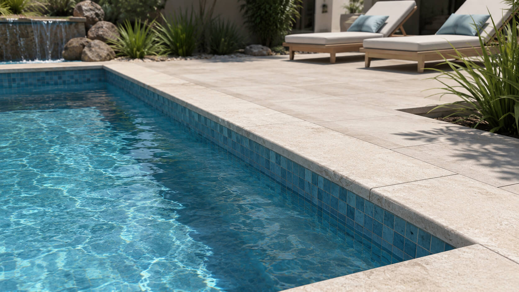 Modern swimming pool with blue waterline tile, light stone coping, and coordinated pool deck materials