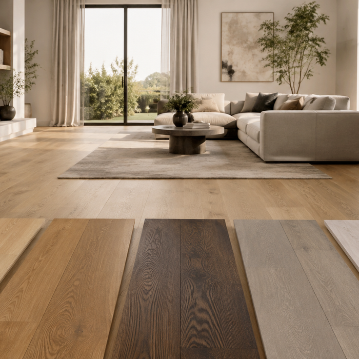 Popular hardwood floor colors shown in a modern living room with natural oak, honey, walnut, greige, and whitewashed samples
