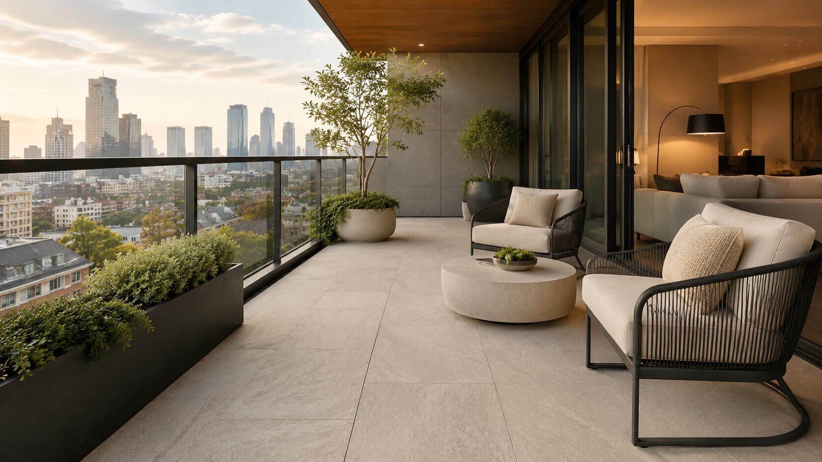 Modern apartment balcony with light stone-look porcelain pavers, outdoor seating, planters, and a city skyline.