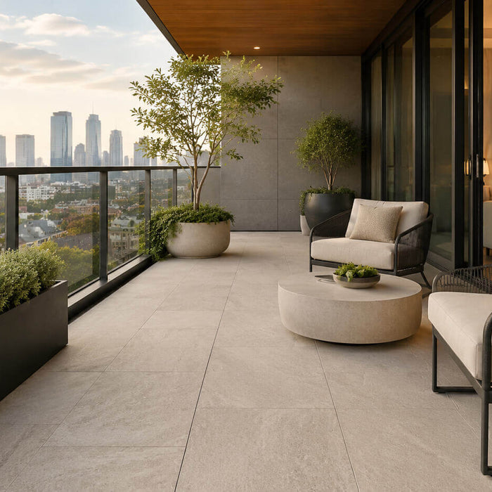 Modern apartment balcony with light stone-look porcelain pavers, outdoor seating, planters, and a city skyline.