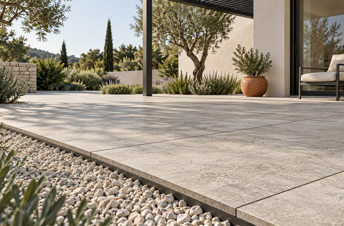 Modern courtyard with stone-look porcelain pavers, a gravel border, olive trees, and minimalist outdoor furniture.