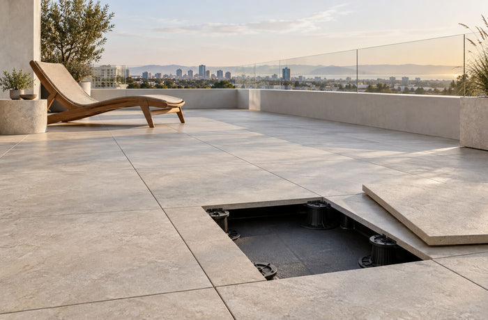 Rooftop terrace with stone-look porcelain pavers and an open section revealing adjustable pedestals beneath.