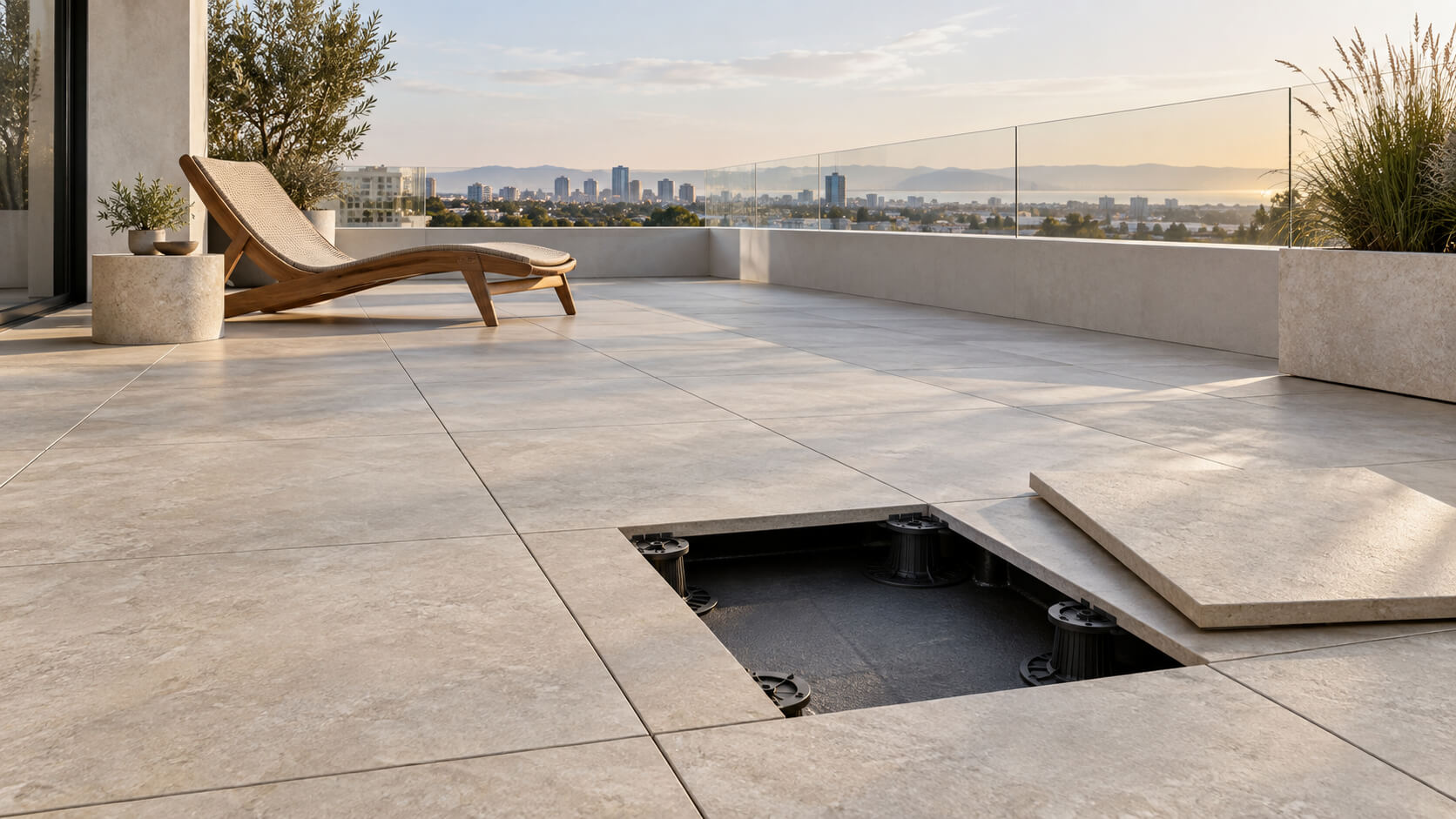 Rooftop terrace with stone-look porcelain pavers and an open section revealing adjustable pedestals beneath.
