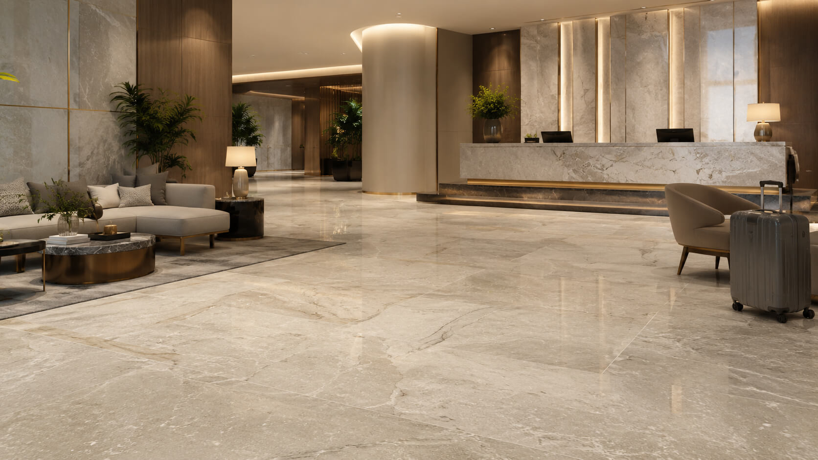 Premium natural stone flooring in a luxury hotel lobby with a modern reception area