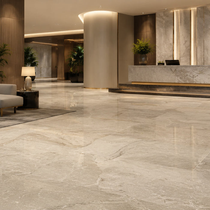 Premium natural stone flooring in a luxury hotel lobby with a modern reception area