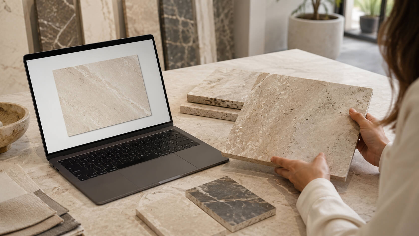 Natural stone sample compared with an online product photo to show differences in real stone color and texture