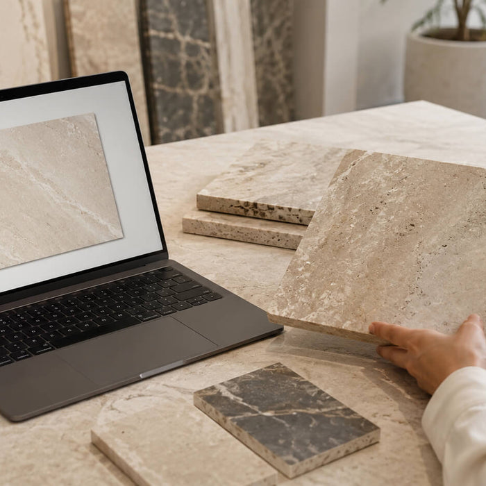 Natural stone sample compared with an online product photo to show differences in real stone color and texture