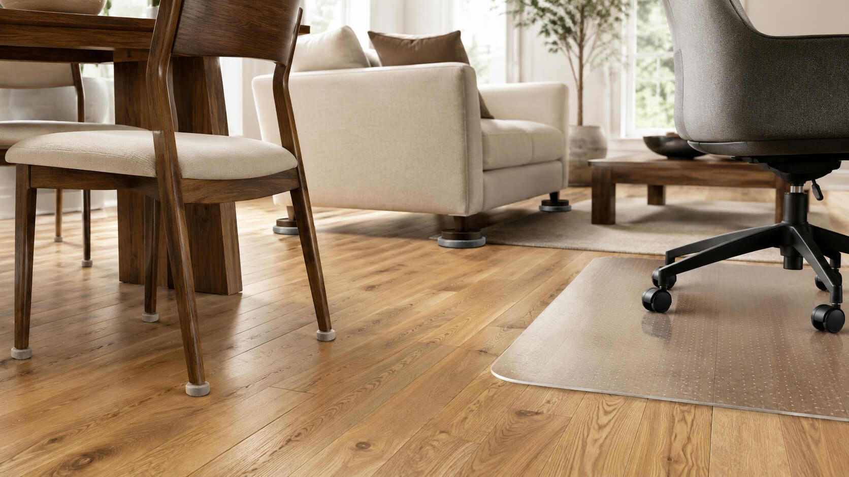 Furniture legs protected with felt pads, furniture cups, and a chair mat on hardwood flooring