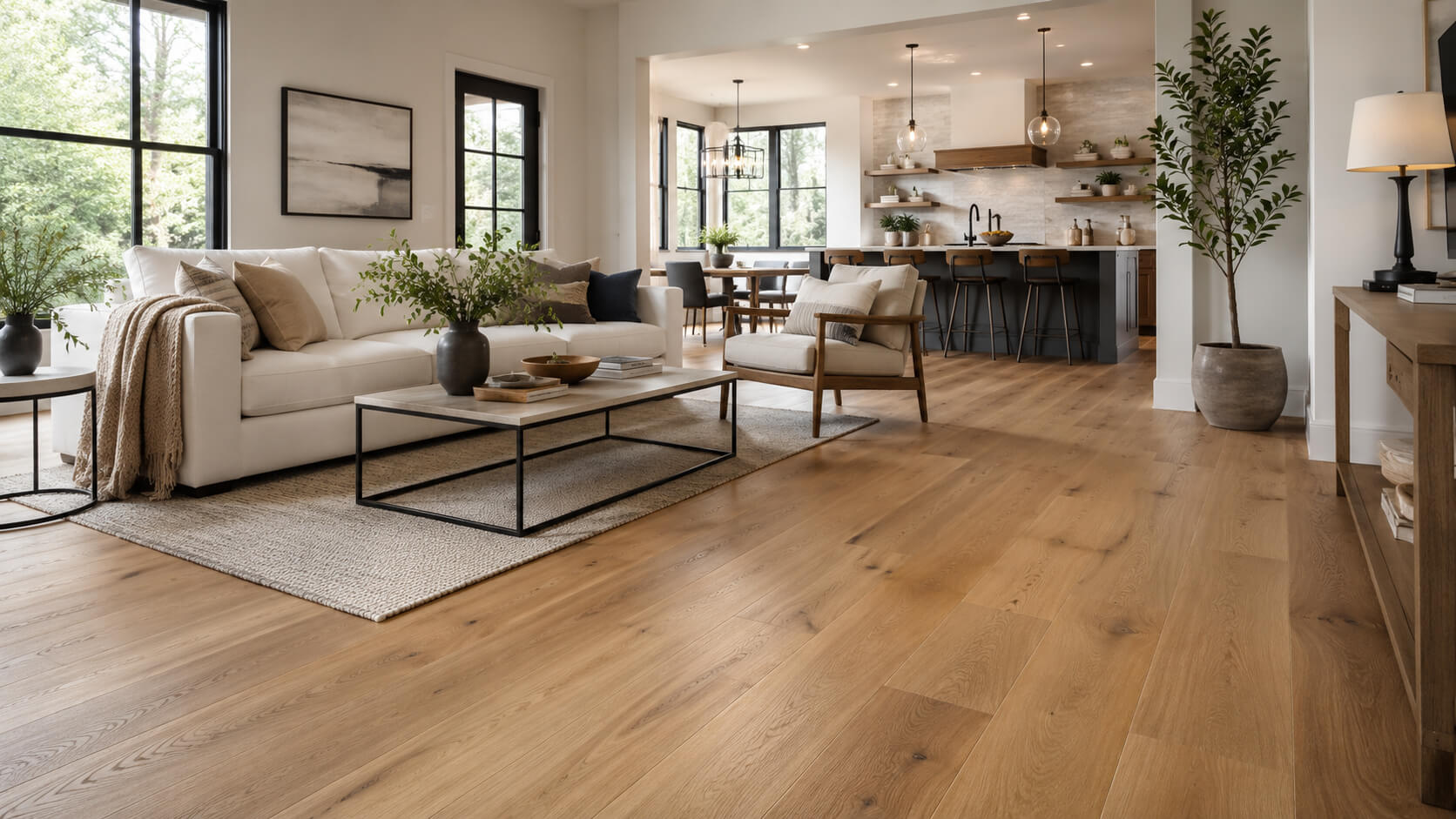 Bright modern open-plan living room and kitchen with warm natural hardwood flooring in a stylish family home