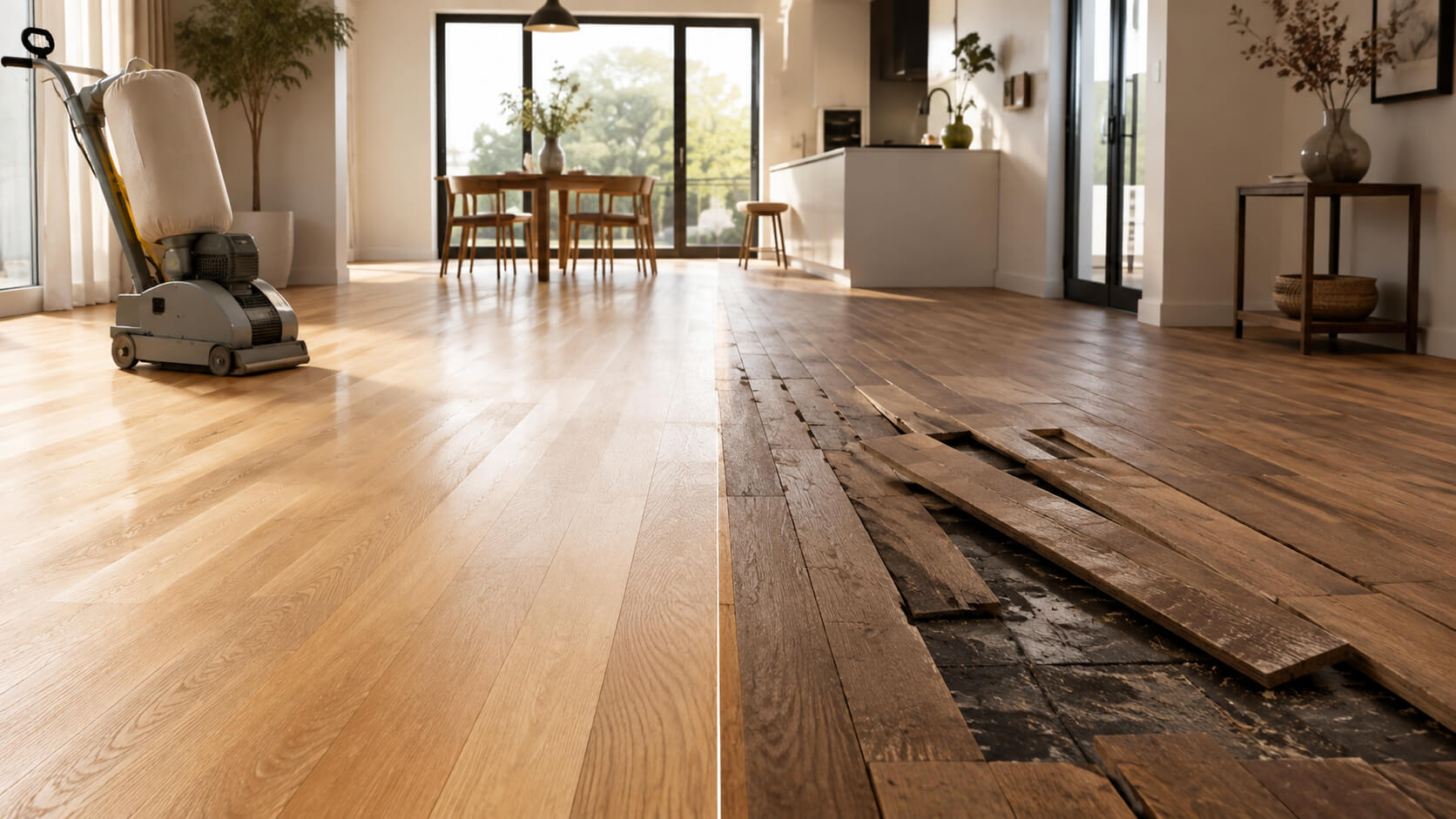 Modern interior showing refinished hardwood flooring on one side and damaged boards being removed for replacement on the other.