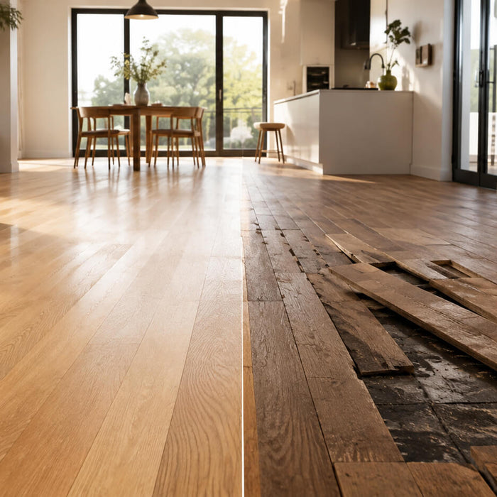 Modern interior showing refinished hardwood flooring on one side and damaged boards being removed for replacement on the other.