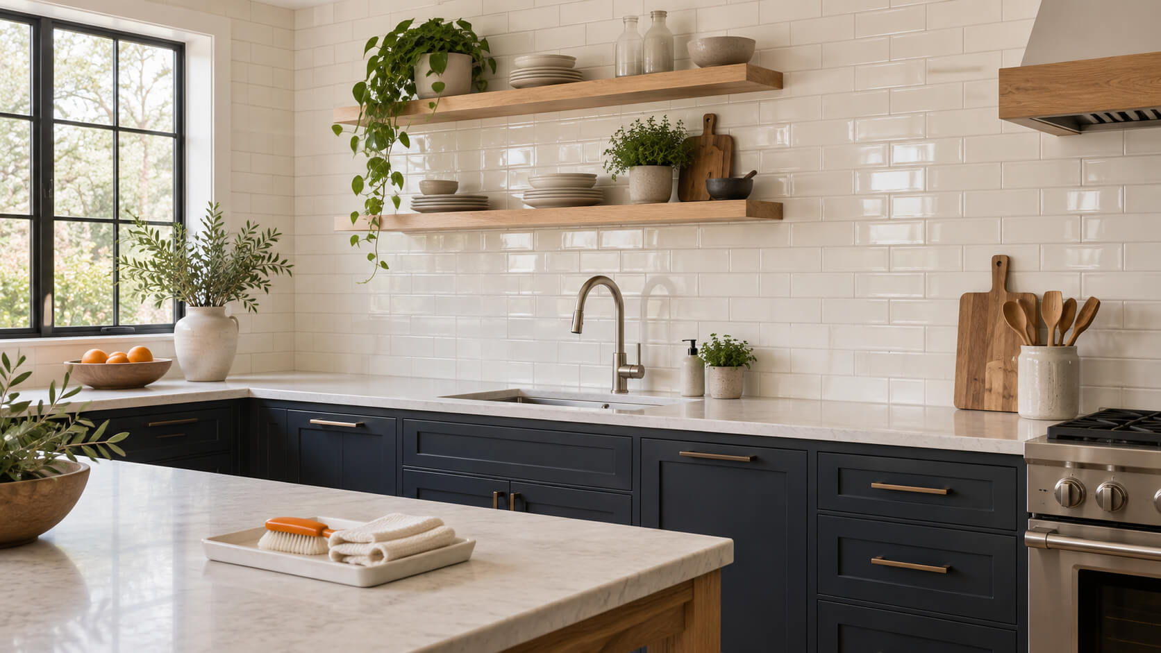 Kitchen with ivory subway tiles, refreshed light grout, dark cabinets, and a grout brush on the island.