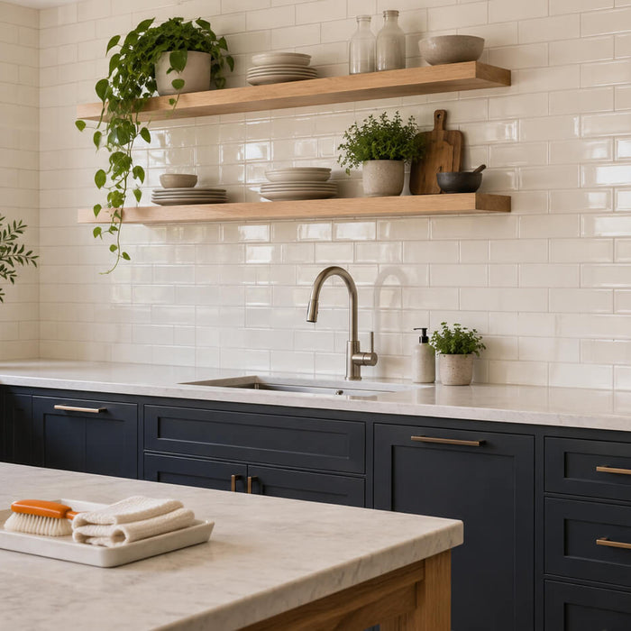 Kitchen with ivory subway tiles, refreshed light grout, dark cabinets, and a grout brush on the island.