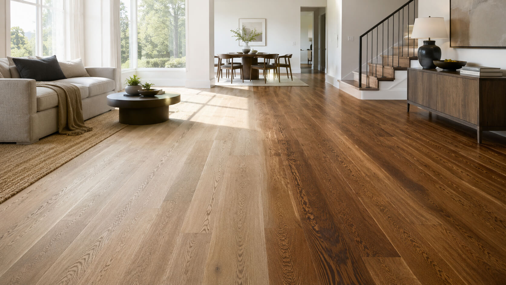Bright modern living room with a faded-to-restored hardwood floor comparison showing how worn wood can be revived