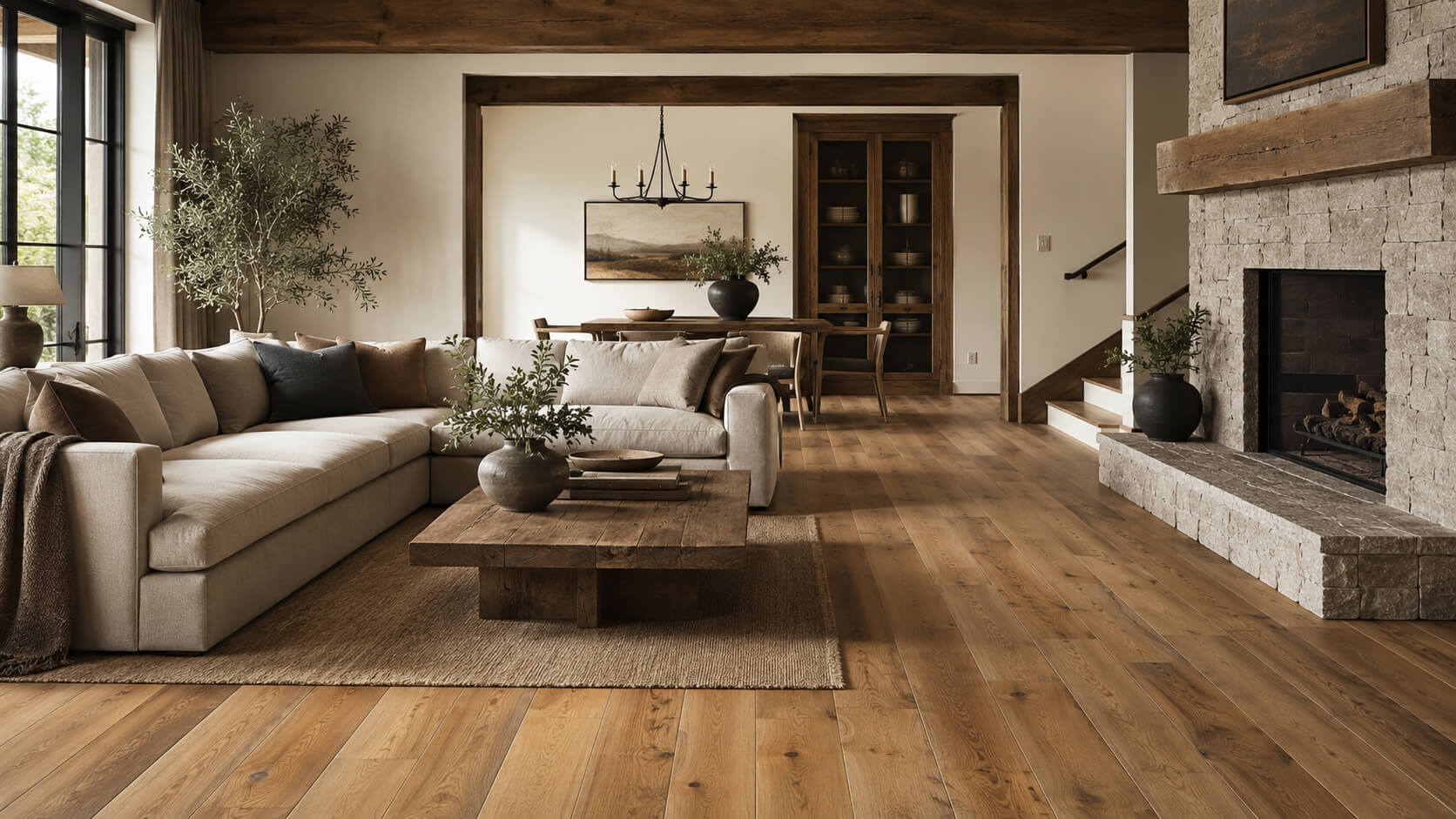 Rustic modern living room with warm wide-plank hardwood flooring, natural wood accents, and a stone fireplace