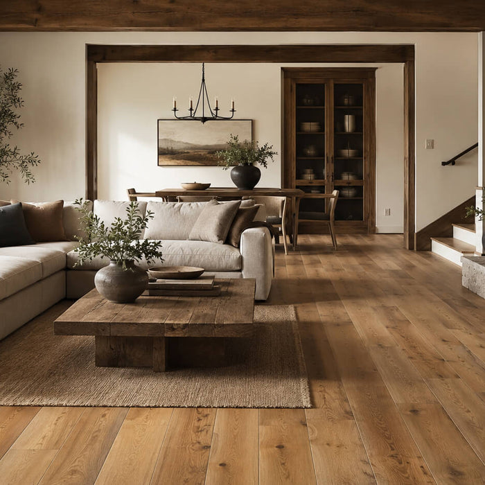 Rustic modern living room with warm wide-plank hardwood flooring, natural wood accents, and a stone fireplace