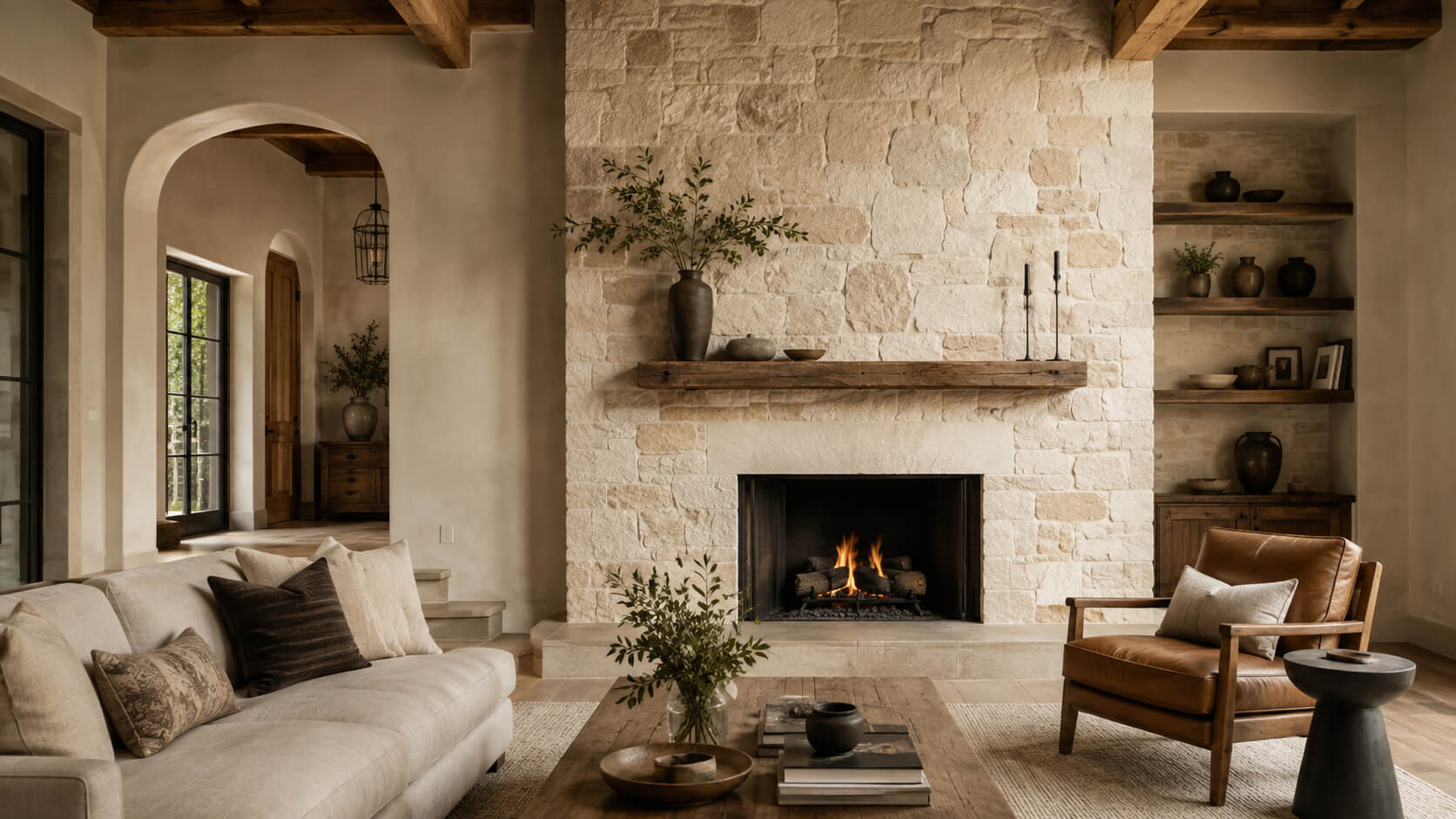 Warm rustic living room with a large natural stone fireplace wall, exposed wood beams, neutral sofa, leather armchair, and layered earthy decor.