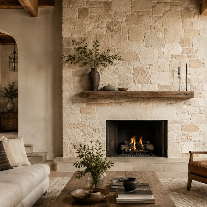 Warm rustic living room with a large natural stone fireplace wall, exposed wood beams, neutral sofa, leather armchair, and layered earthy decor.