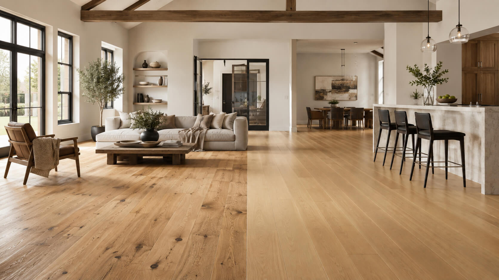 Rustic grade hardwood with visible knots compared with cleaner and more uniform select grade hardwood in a modern open-plan home.