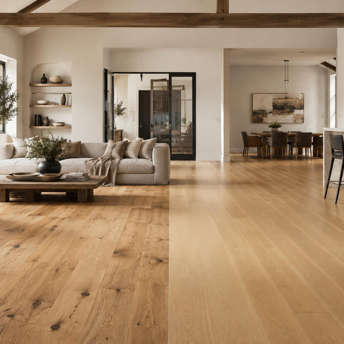 Rustic grade hardwood with visible knots compared with cleaner and more uniform select grade hardwood in a modern open-plan home.