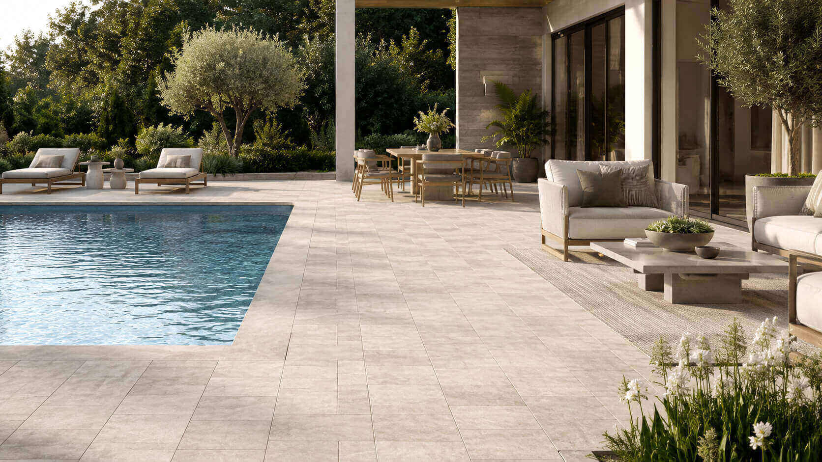 Seamless light stone pavers connecting a modern pool deck and patio in a luxury outdoor living space