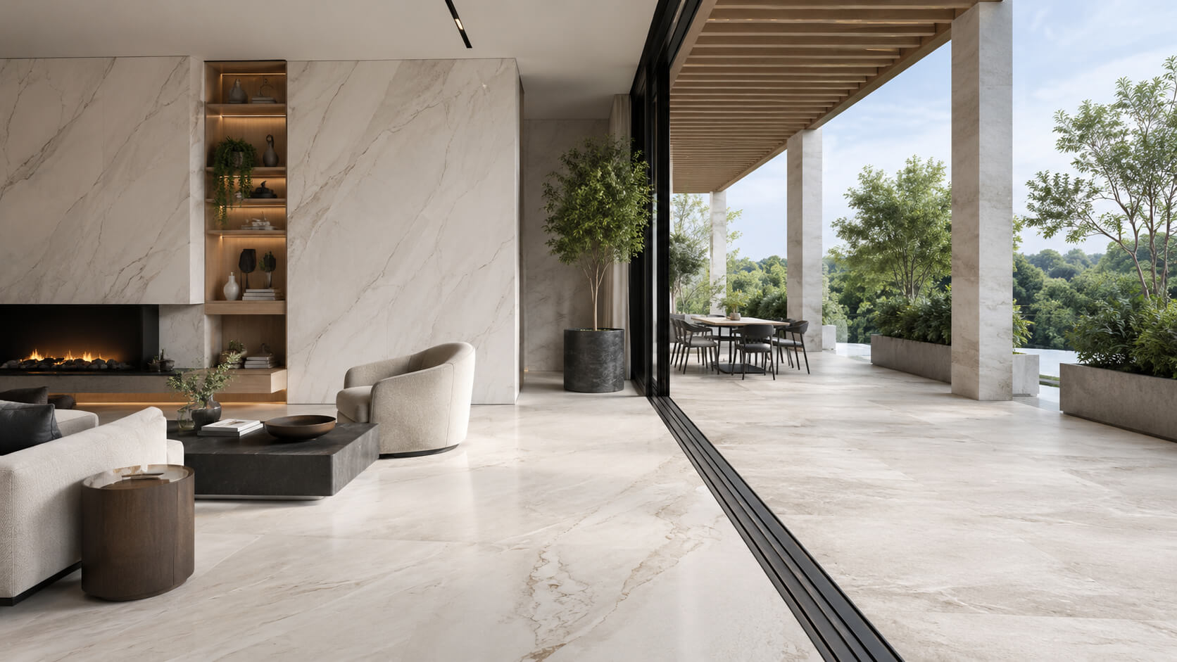 Luxury interior living room opening to an outdoor patio with coordinated natural stone flooring for a seamless indoor-outdoor transition