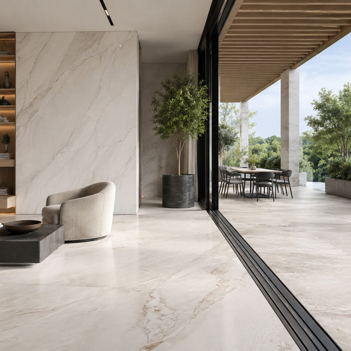 Luxury interior living room opening to an outdoor patio with coordinated natural stone flooring for a seamless indoor-outdoor transition