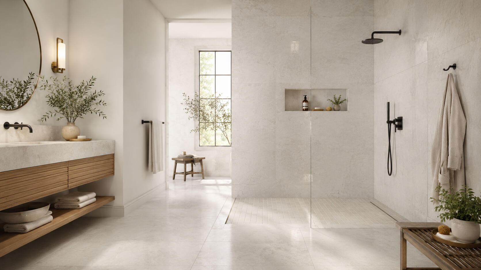 Modern bathroom using the same light tile on the bathroom floor and shower walls