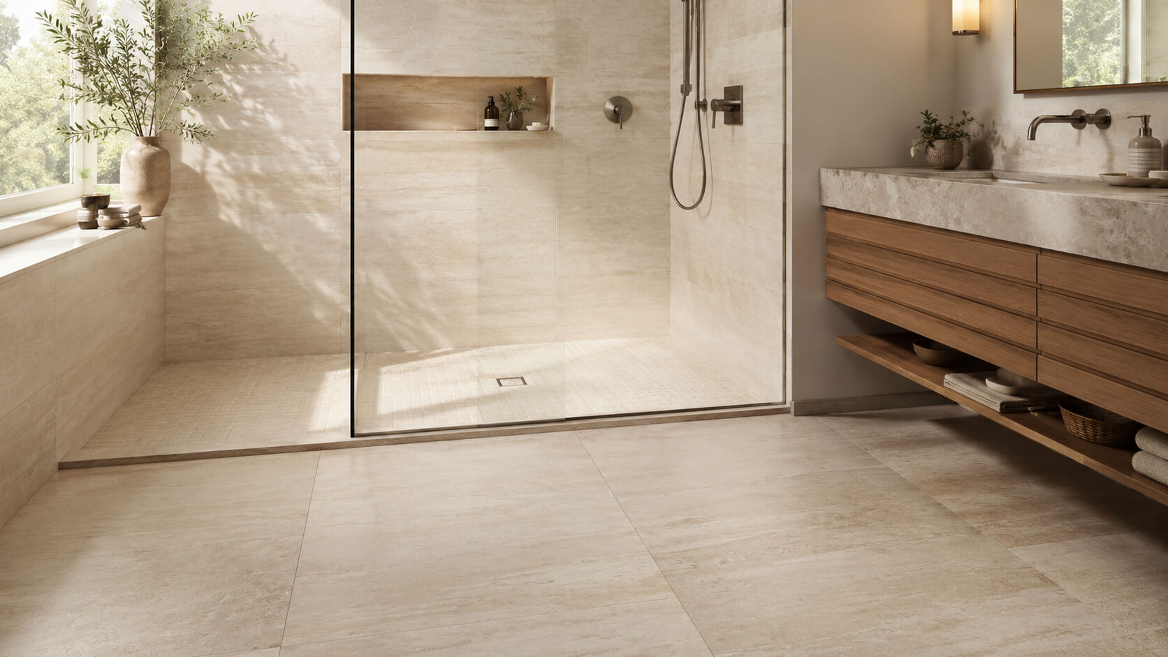 Modern bathroom with large-format floor tile and matching mosaic shower floor separated by frameless glass