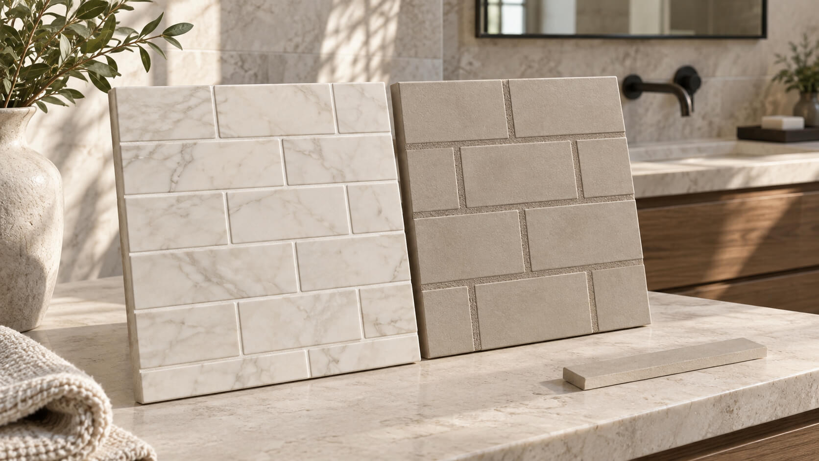 Marble and porcelain tile sample boards showing narrow and wider grout joints in a modern bathroom.