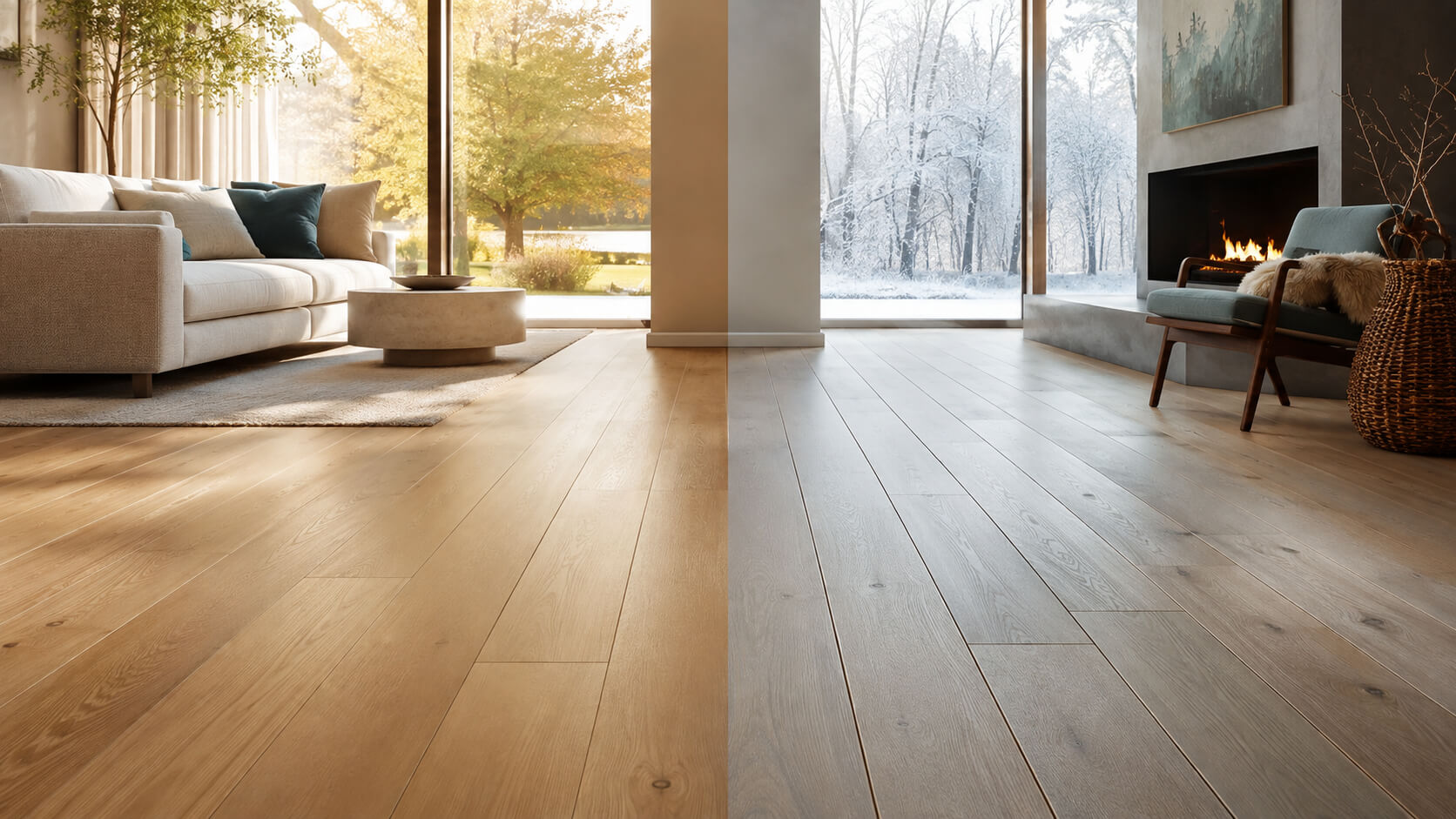 Hardwood flooring in a modern living room showing warm humid summer conditions and cool dry winter conditions