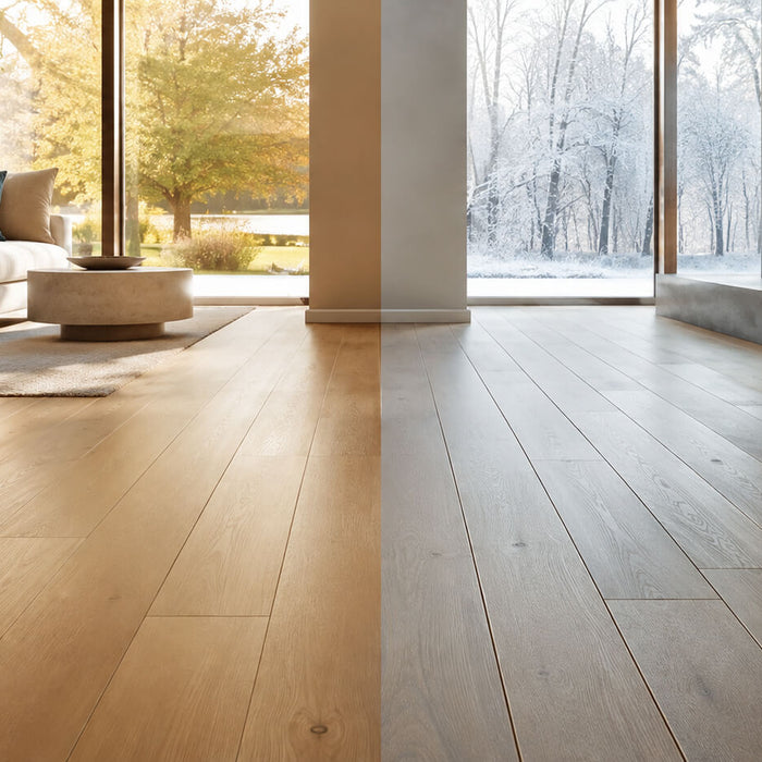 Hardwood flooring in a modern living room showing warm humid summer conditions and cool dry winter conditions