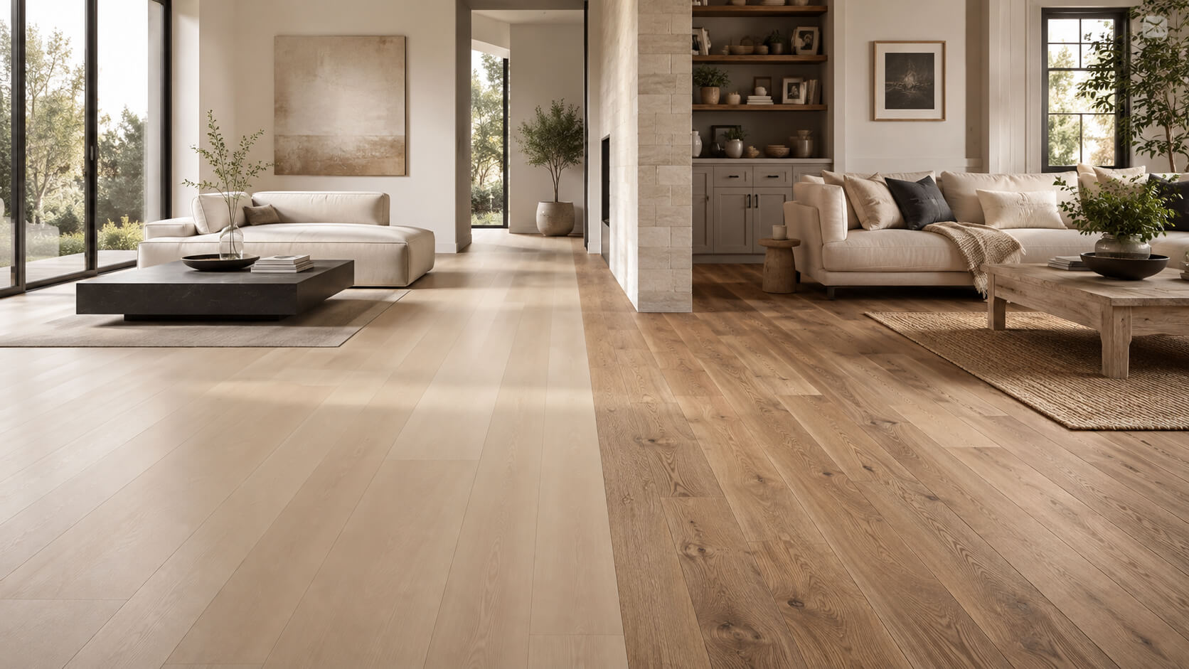 Smooth and textured hardwood flooring compared in two realistic modern living spaces
