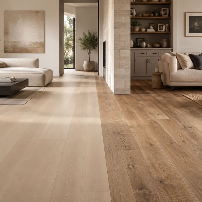 Smooth and textured hardwood flooring compared in two realistic modern living spaces
