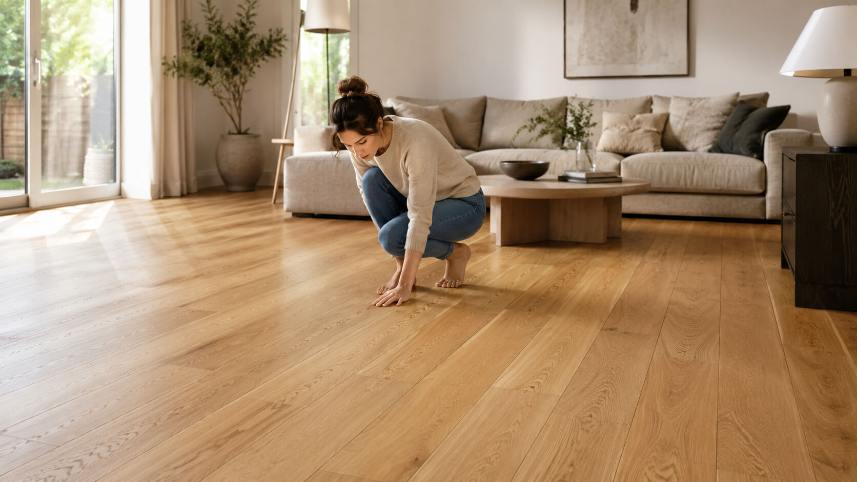 Homeowner inspecting a squeaky hardwood floor in a bright modern living room