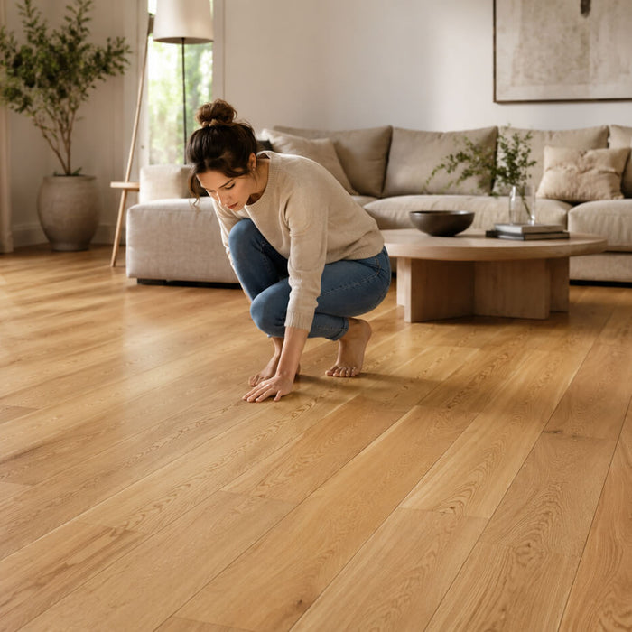 Homeowner inspecting a squeaky hardwood floor in a bright modern living room