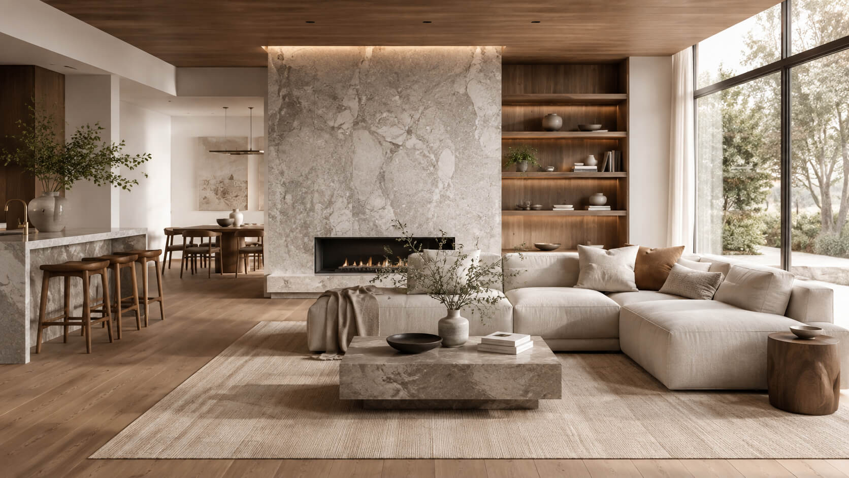 Modern interior combining natural stone walls, warm wood flooring, cabinetry, and neutral furnishings
