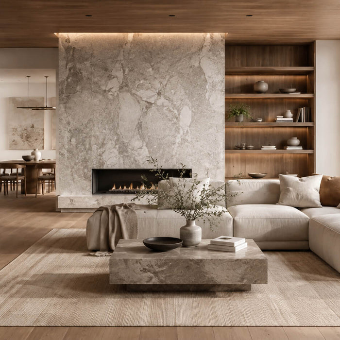 Modern interior combining natural stone walls, warm wood flooring, cabinetry, and neutral furnishings