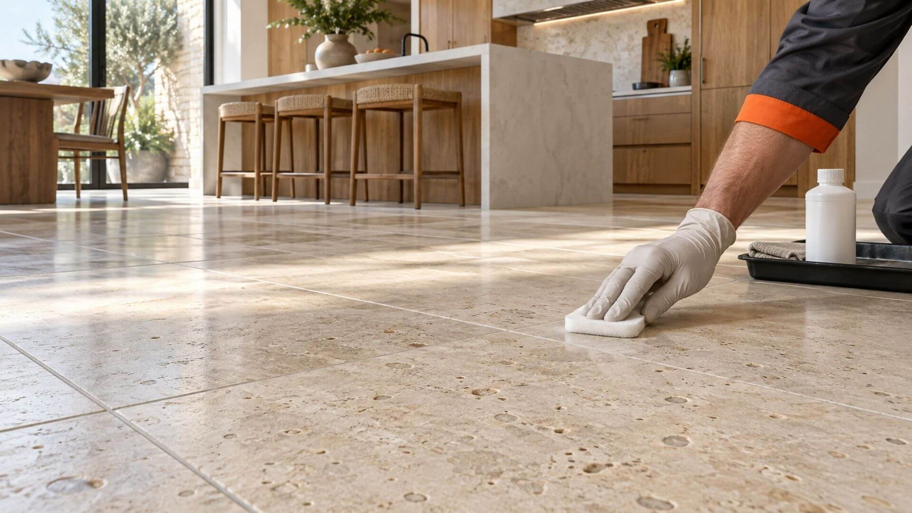 Gloved hand applying clear sealer to a limestone tile floor in a bright, modern kitchen.