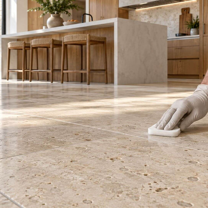 Gloved hand applying clear sealer to a limestone tile floor in a bright, modern kitchen.
