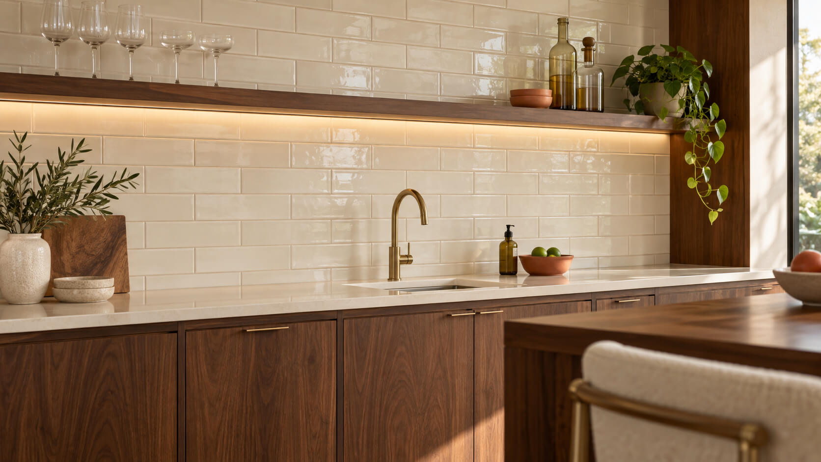 Ivory subway tile backsplash in a home bar with walnut cabinetry, a brass faucet, and warm shelf lighting.