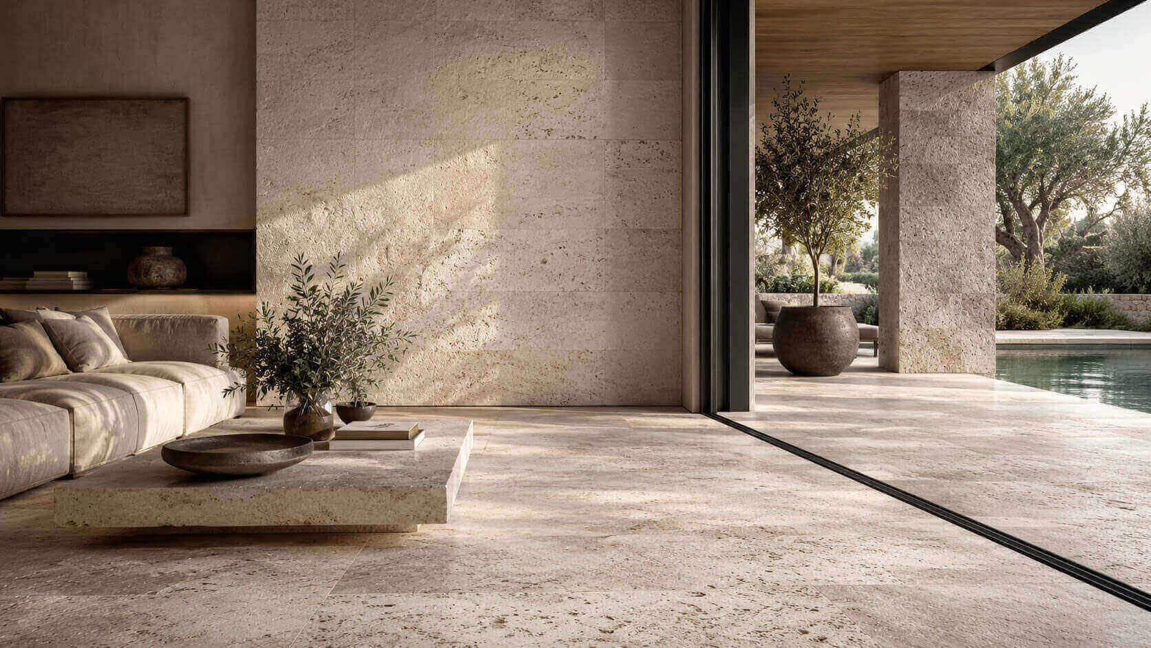 Open indoor-outdoor living space with textured natural stone floors and walls, soft natural light, and a calm luxurious design aesthetic.