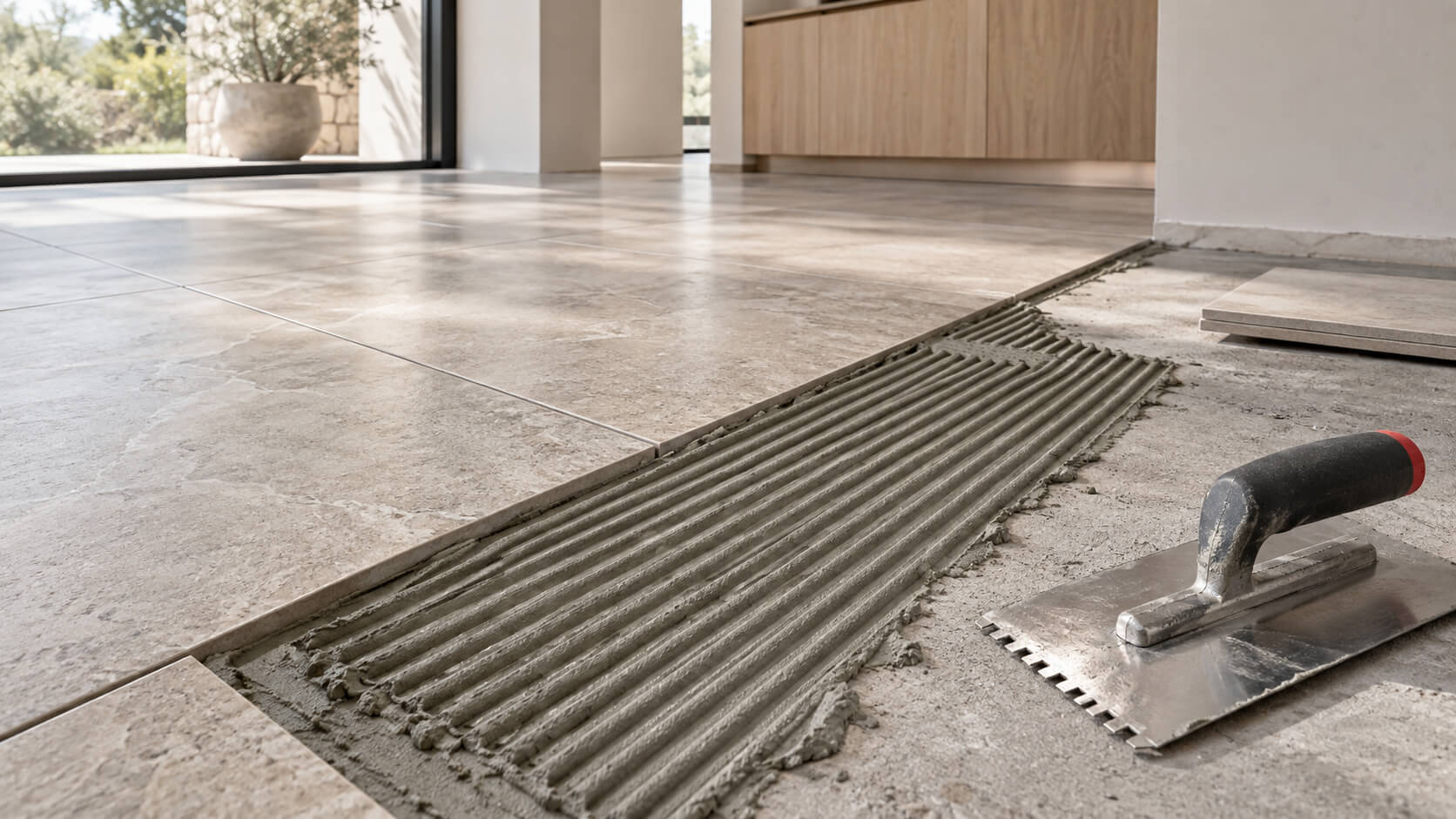 Porcelain floor tiles beside freshly combed gray adhesive and a notched trowel in a bright modern interior.