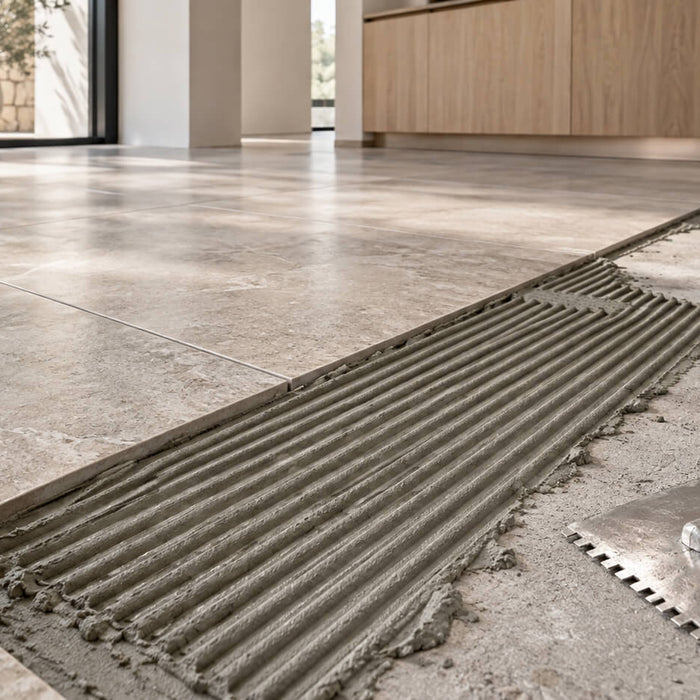 Porcelain floor tiles beside freshly combed gray adhesive and a notched trowel in a bright modern interior.